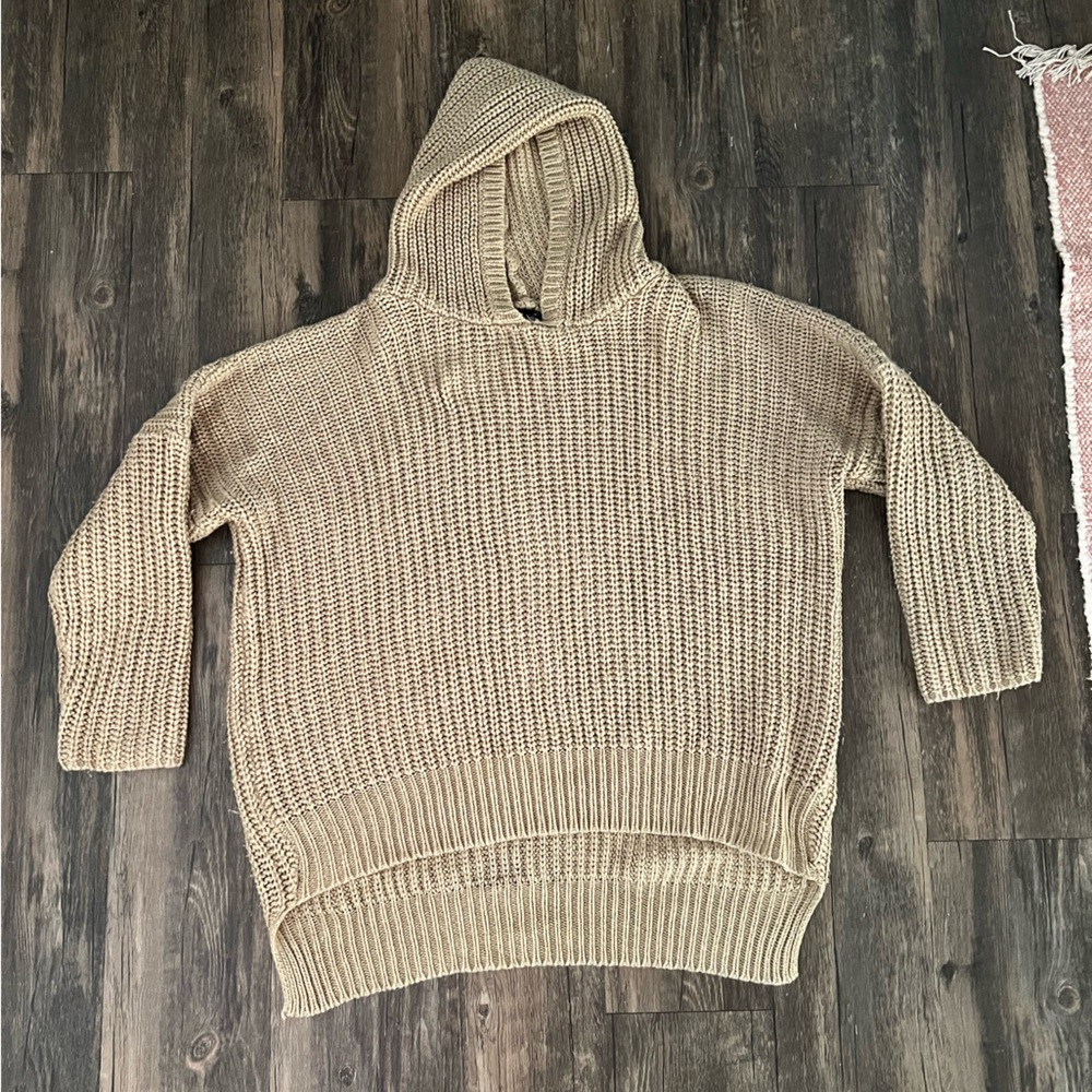 Tan Hooded Oversized Chunky Knit Tunic Sweater